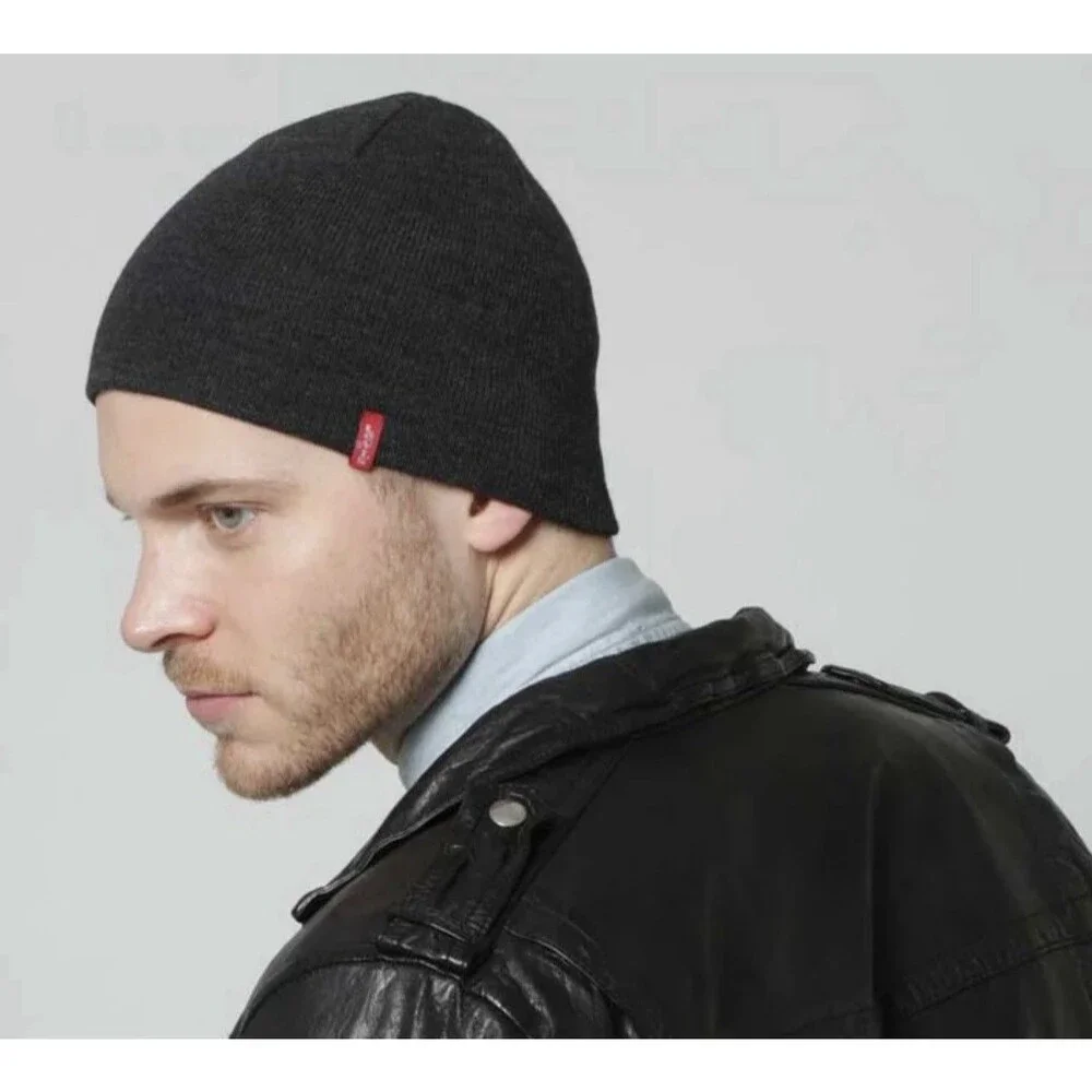 LEVI'S Mens Beanie Dark Grey OS Logo Fall Winter Outdoors